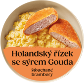 Holandský řízek se sýrem Gouda, šťouchané brambory Cibule Bistro
