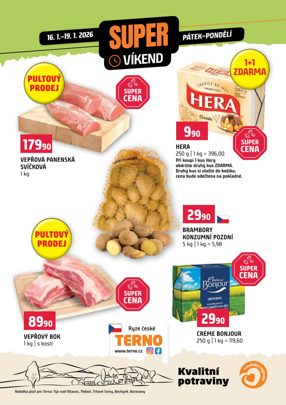 Leták Terno leták - Víkendovka Týn nad Vltavou, Třeboň, Trhové Sviny, Bechyně, Borovany - strana 1