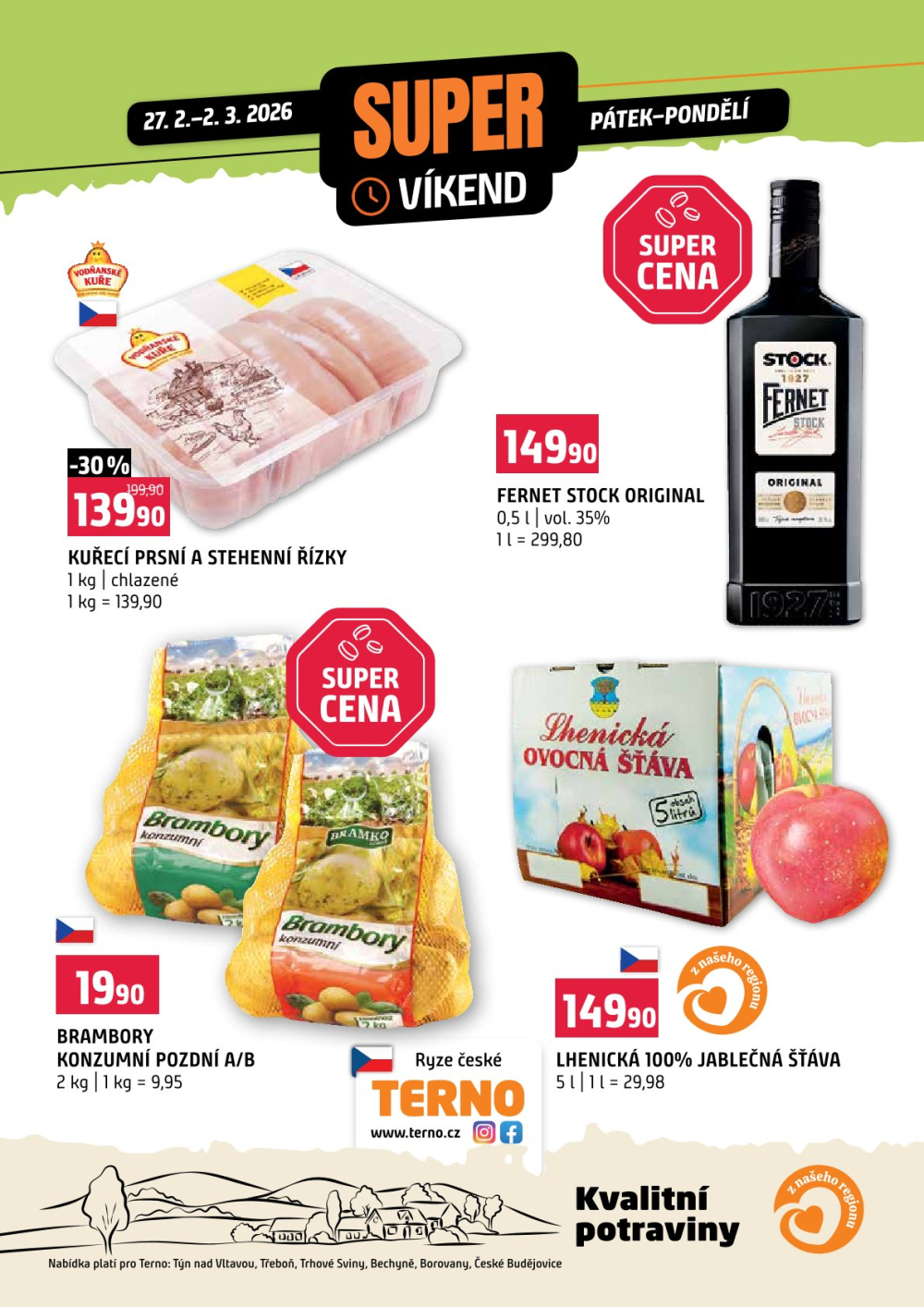 Leták Terno leták - Víkendovka Týn nad Vltavou, Třeboň, Trhové Sviny, Bechyně, Borovany a České Budějovice - strana 1