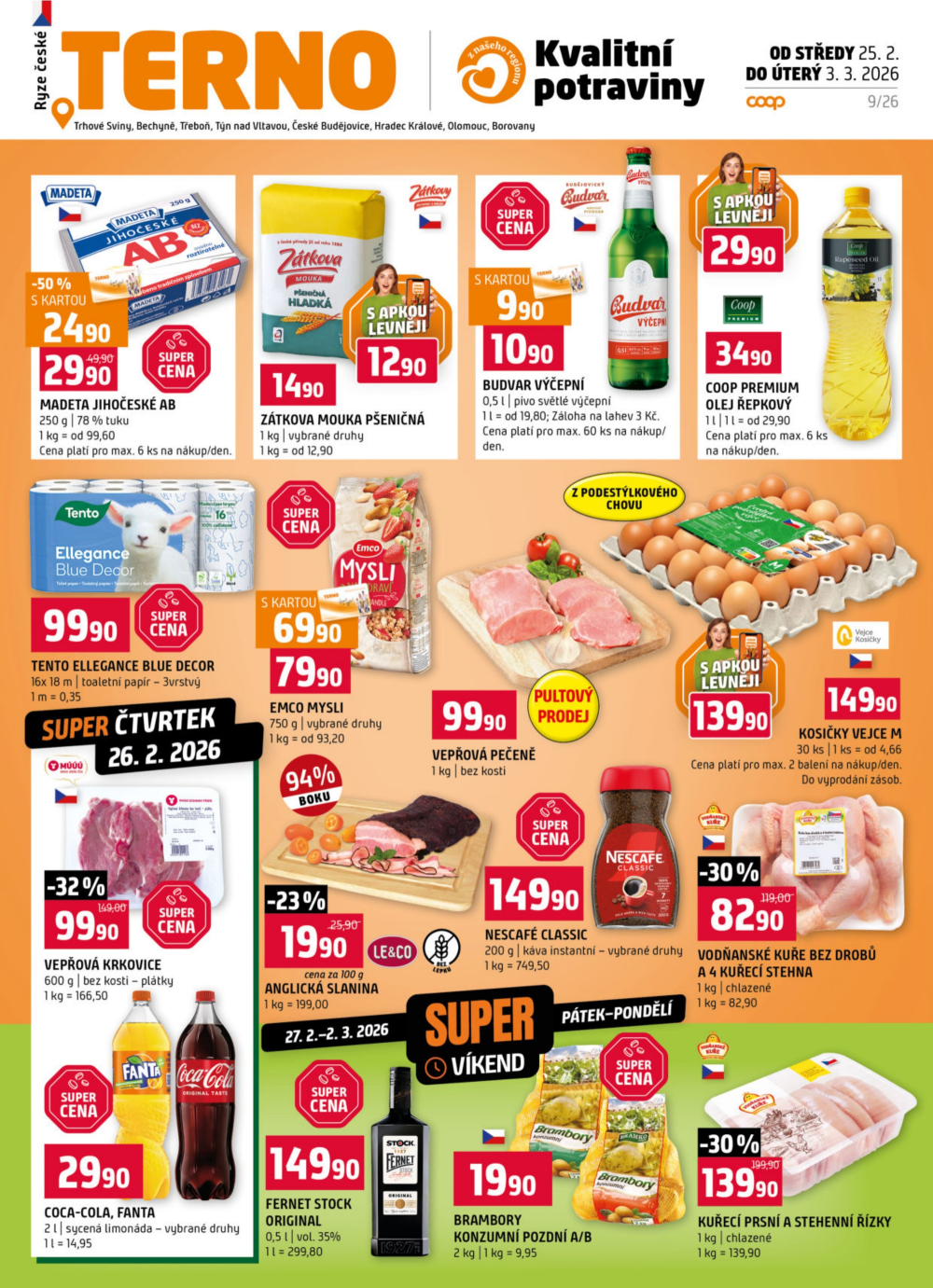 Leták Terno leták - Trhové Sviny, Bechyně, Třeboň, Týn nad Vltavou, České Budějovice, Hradec Králové, Olomouc a Borovany - strana 1