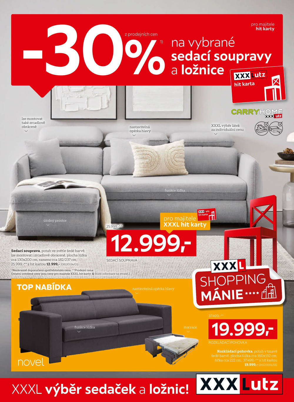 Leták XXXLutz leták - Sleva 30 % na vybrané sedací soupravy a ložnice - strana 1