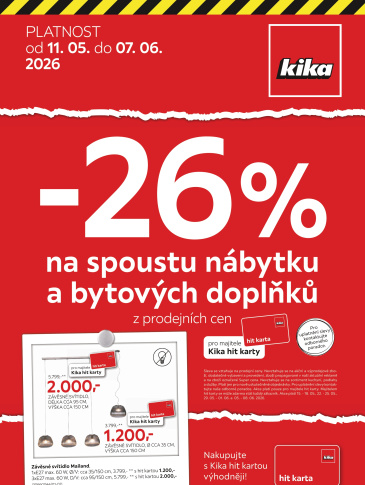 Kika Nábytek leták - Akce -26 % na spoustu nábytku a bytových doplňků pro majitele Kika hit karty