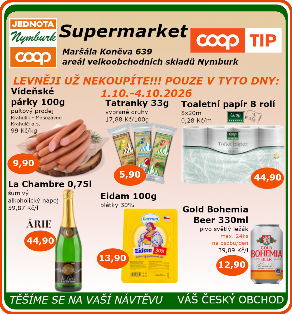 Leták COOP Jednota Nymburk Supermarket leták - strana 1