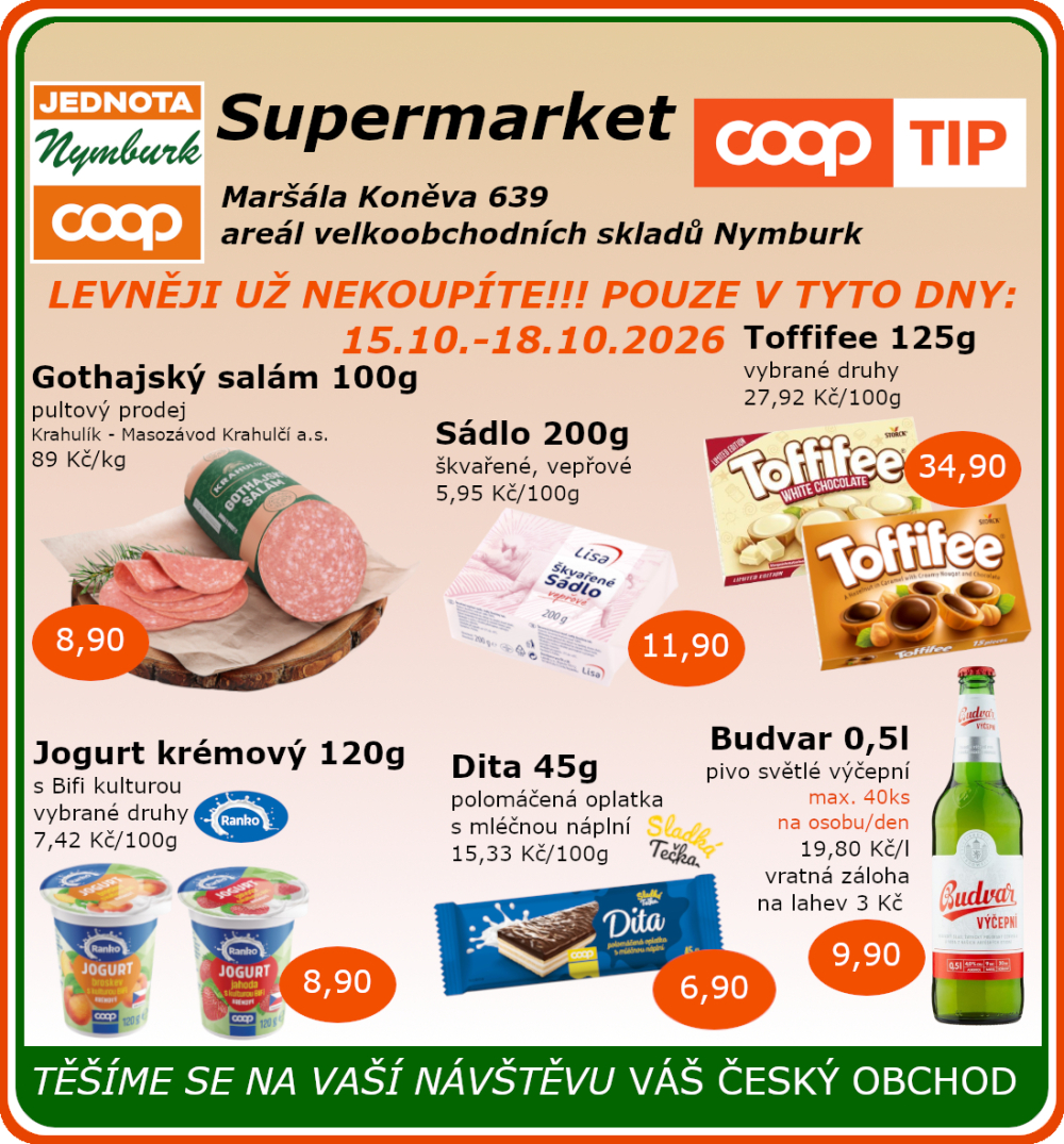 Leták COOP Jednota Nymburk Supermarket leták - strana 1